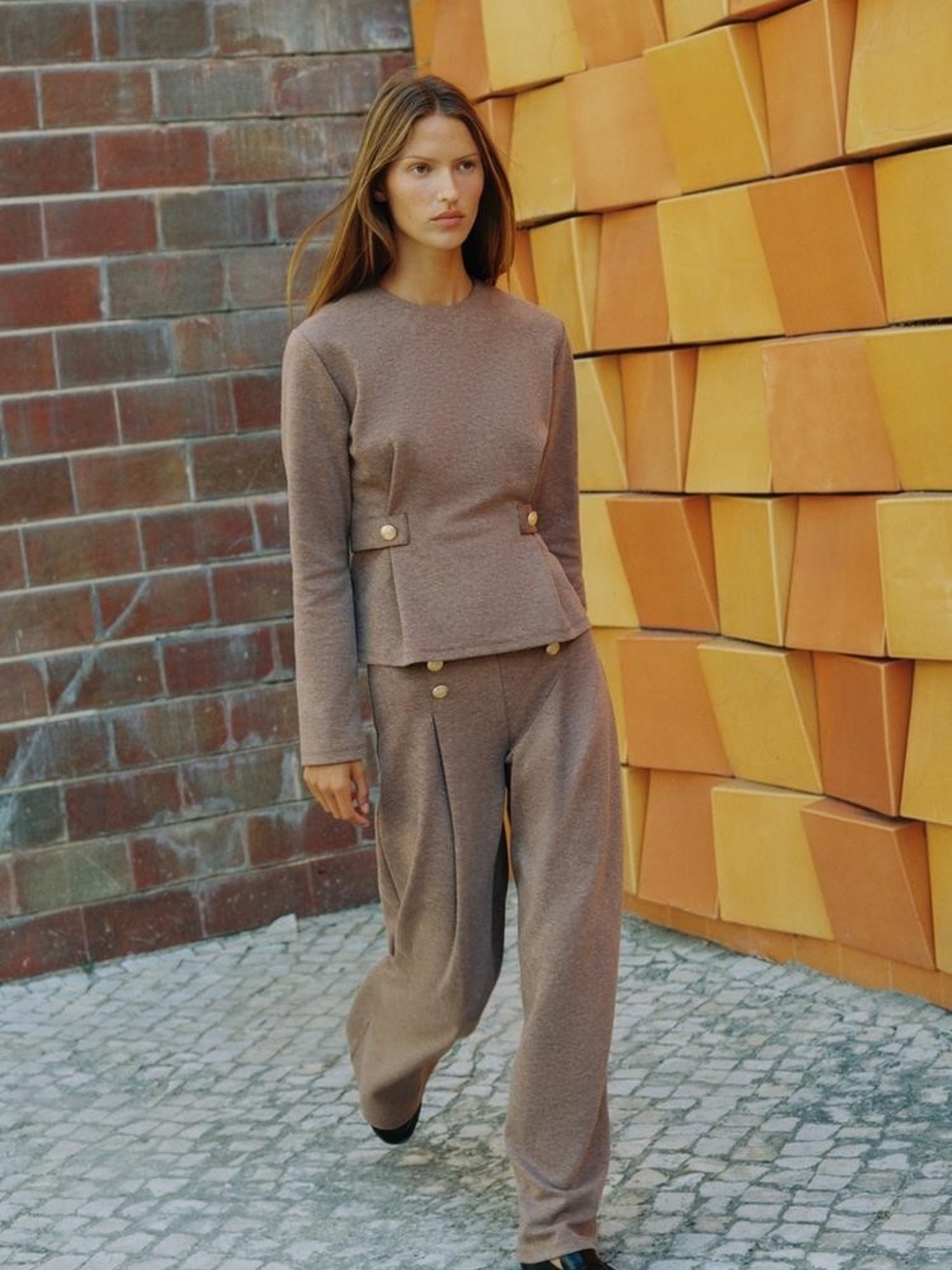 ZARA MATCHING SET BUTTONED TWILL PANTS WITH BUTTONED TWILL TOP SIZE M